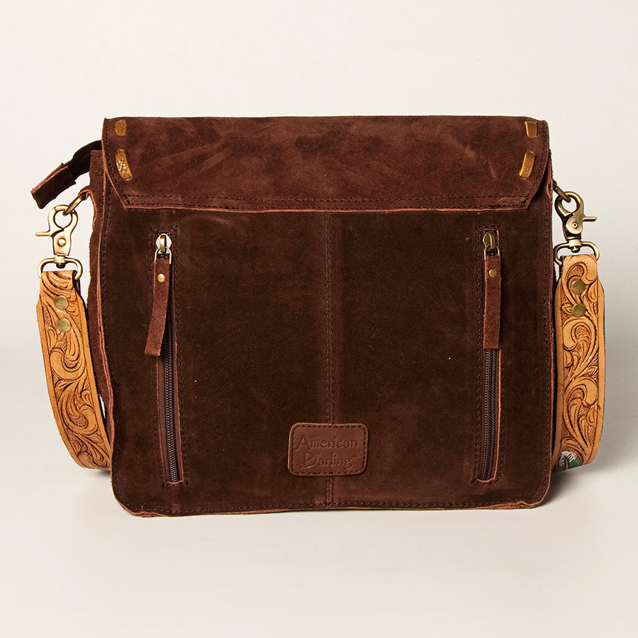 American Darling Hand Tooled Genuine Leather Messenger Bag Vegetable-Tanned Full Grain Leather With Fringes YKK Zipper