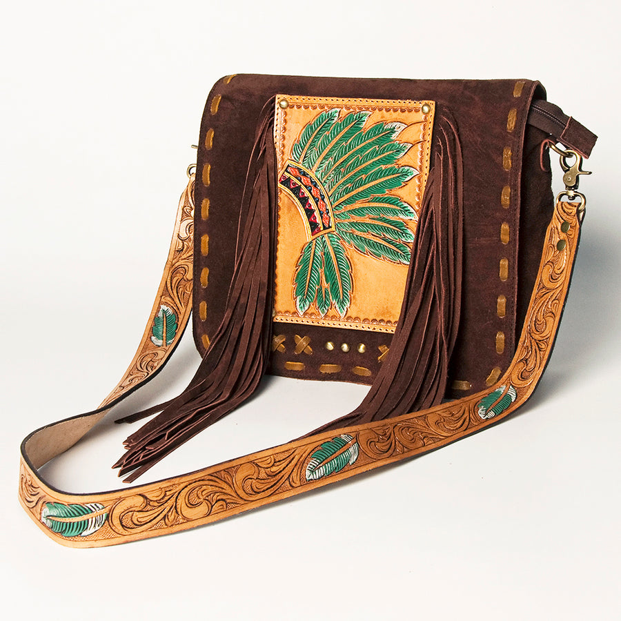 American Darling Hand Tooled Genuine Leather Messenger Bag With Fringes - Uhorse