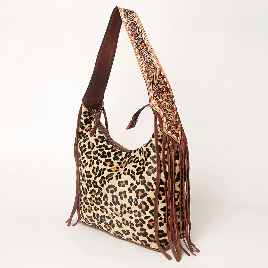 American Darling Hand Tooled Leather Hair-On Cowhide Fringe Hobo Bag - Uhorse