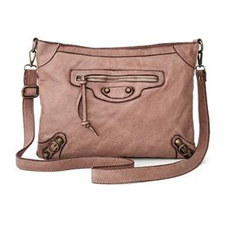 Tan leather crossbody bag with decorative stitching - Hilason