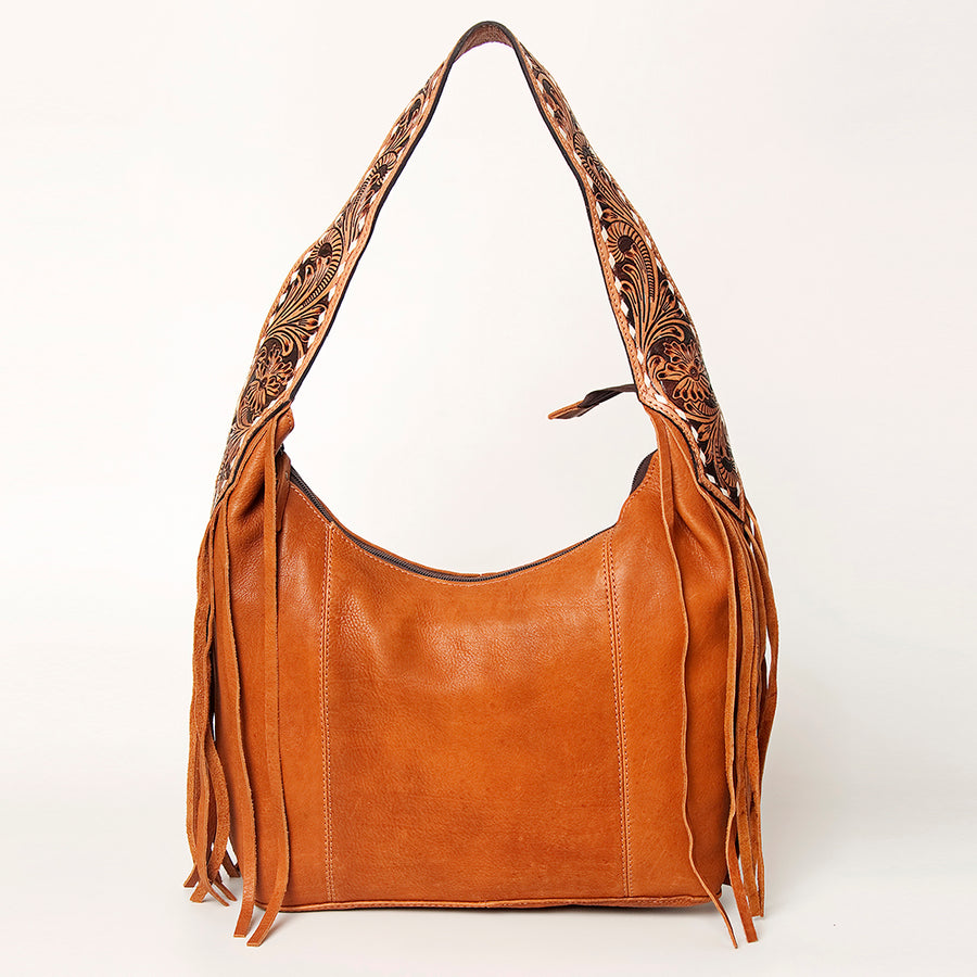 American Darling Hand Tooled Genuine Leather Hobo Bag for Women Floral Carved Vegetable-Tanned Purse with Fringes
