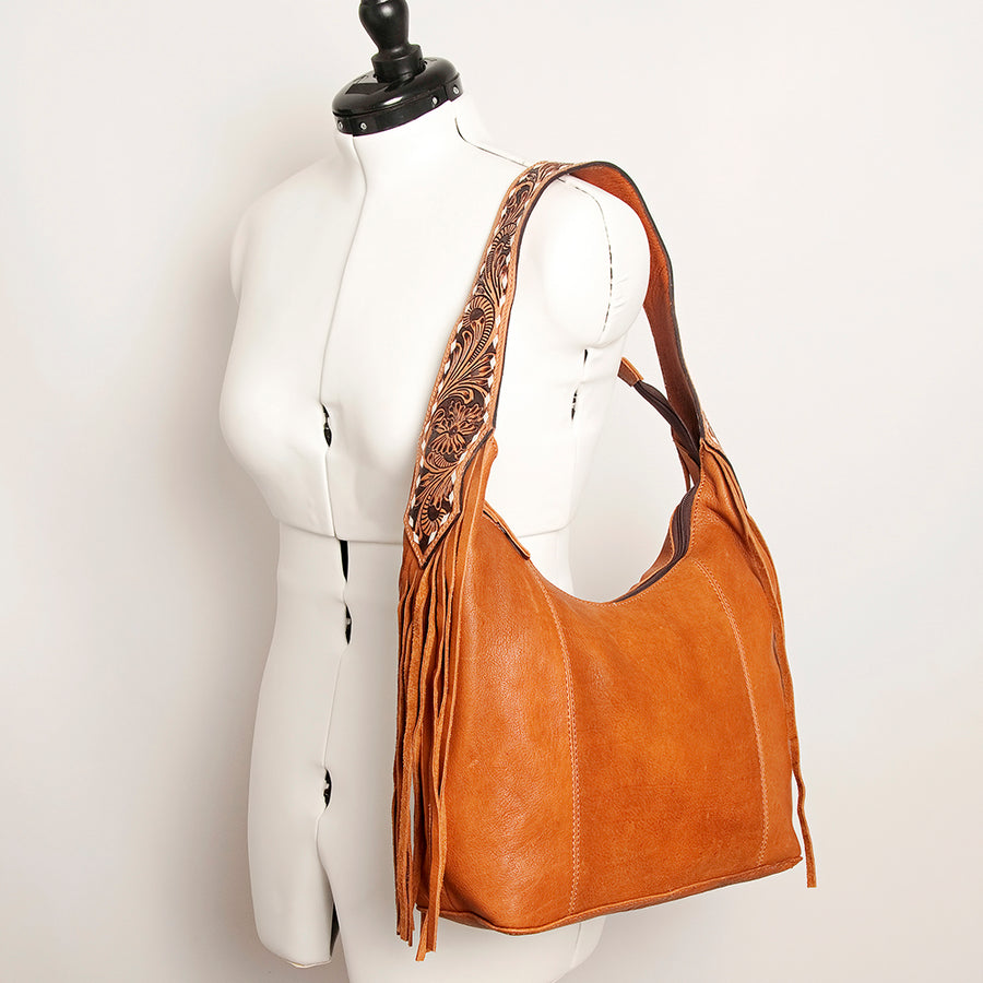 American Darling Hand Tooled Genuine Leather Hobo Bag for Women Floral Carved Vegetable-Tanned Purse with Fringes