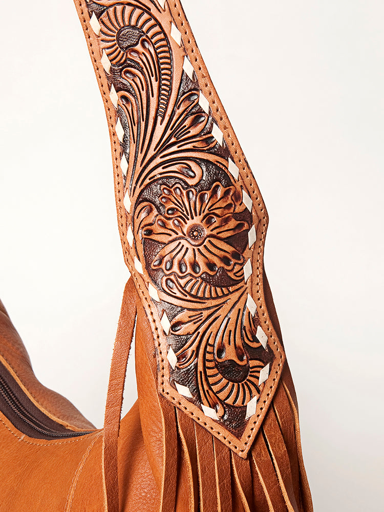 American Darling Hand Tooled Genuine Leather Hobo Bag for Women Floral Carved Vegetable-Tanned Purse with Fringes