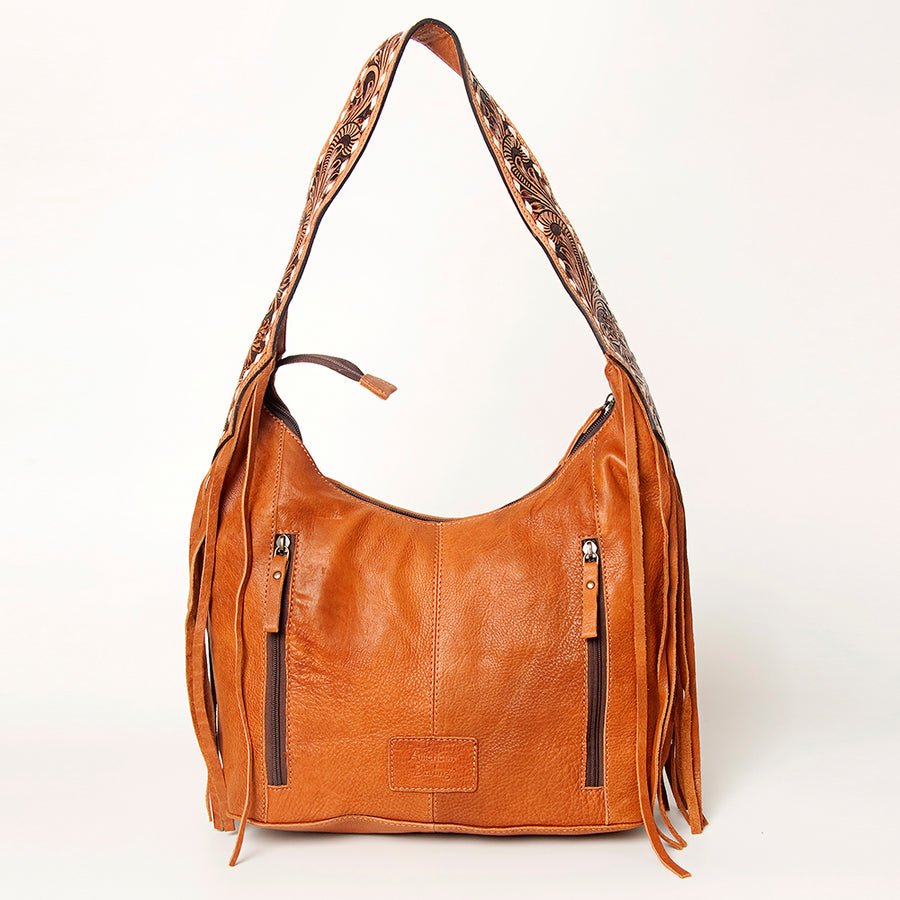 American Darling Hand Tooled Genuine Leather Hobo Bag for Women Floral Carved Vegetable-Tanned Purse with Fringes