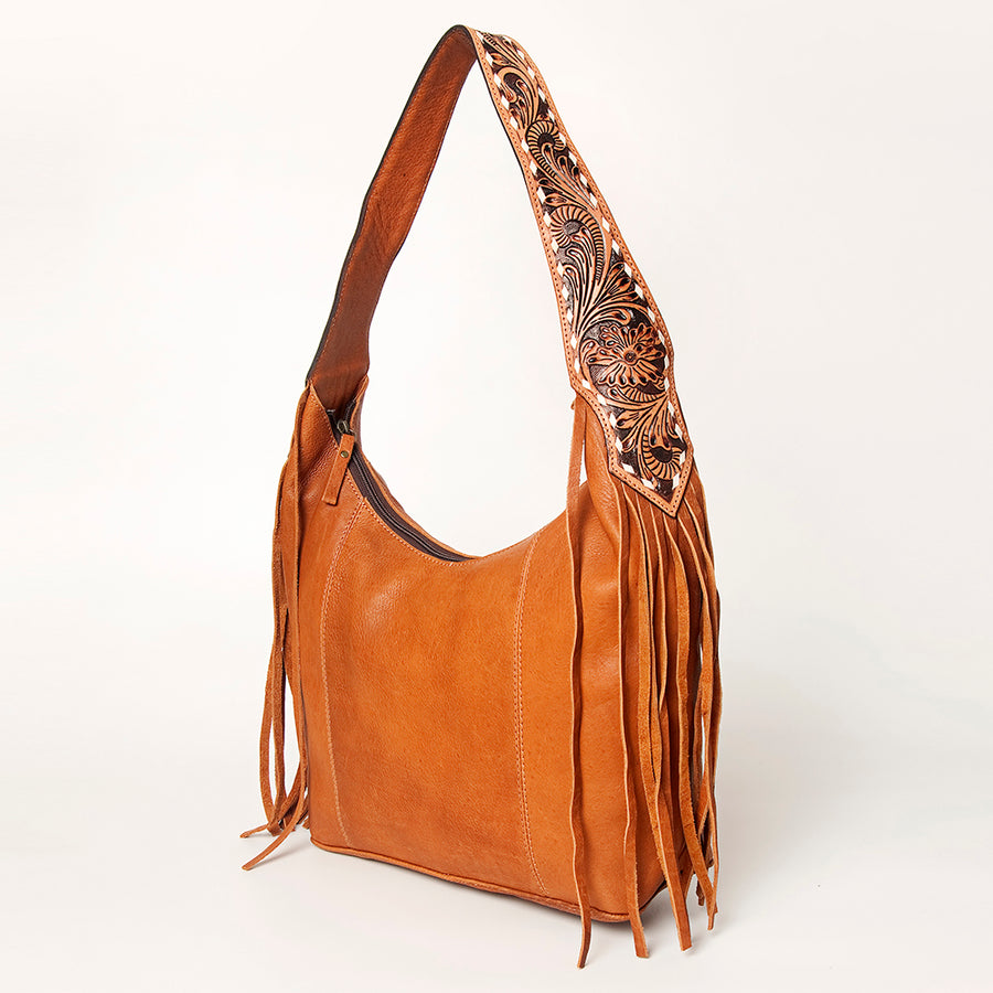 American Darling Genuine Leather Floral Carved Hand Tooled Fringe Hobo Bag - Uhorse