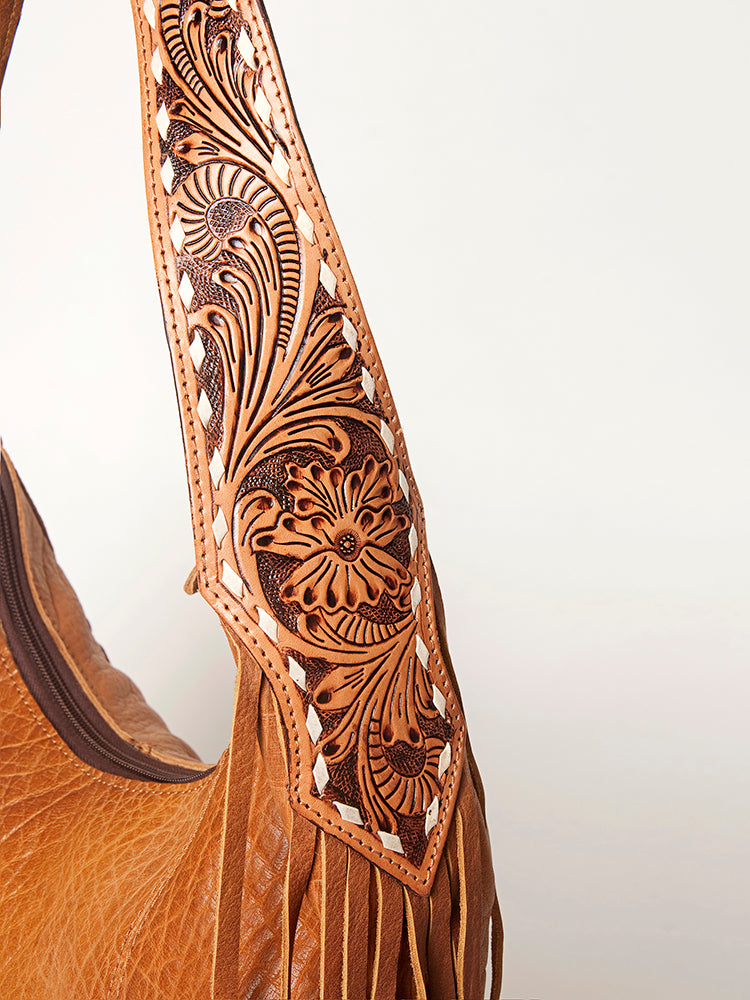 American Darling Hand Tooled Genuine Leather Hobo Bag for Women Floral Carved Vegetable-Tanned Purse with Fringes