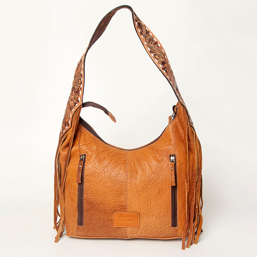 American Darling Hand Tooled Genuine Leather Hobo Bag for Women Floral Carved Vegetable-Tanned Purse with Fringes