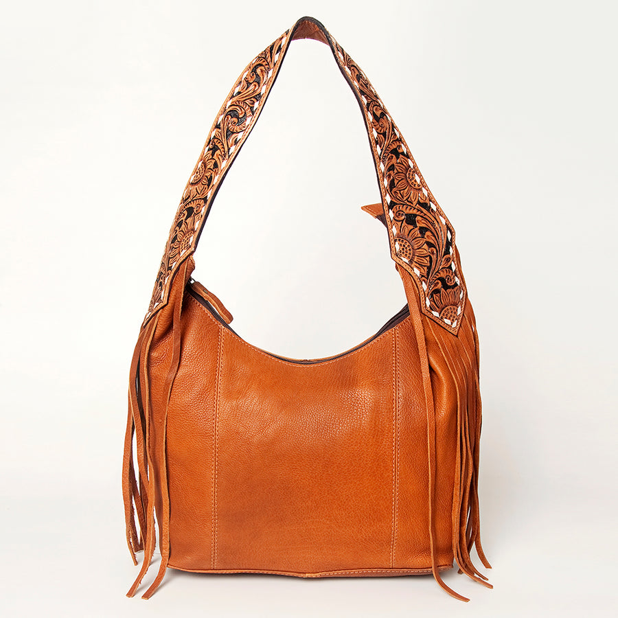 American Darling Hand Tooled Genuine Leather Hobo Bag for Women Floral Carved Vegetable-Tanned Purse with Fringes