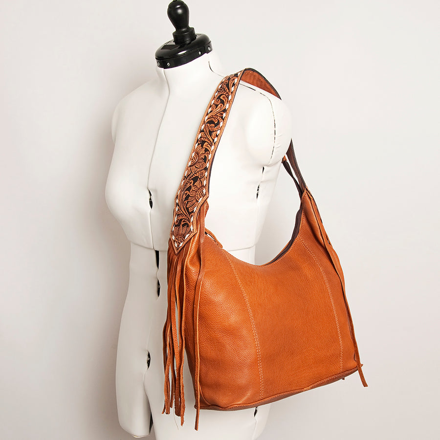 American Darling Hand Tooled Genuine Leather Hobo Bag for Women Floral Carved Vegetable-Tanned Purse with Fringes