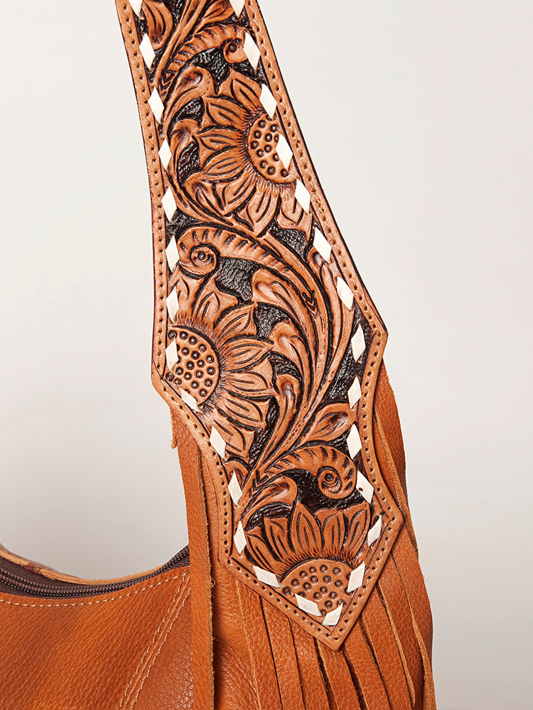 American Darling Hand Tooled Genuine Leather Hobo Bag for Women Floral Carved Vegetable-Tanned Purse with Fringes