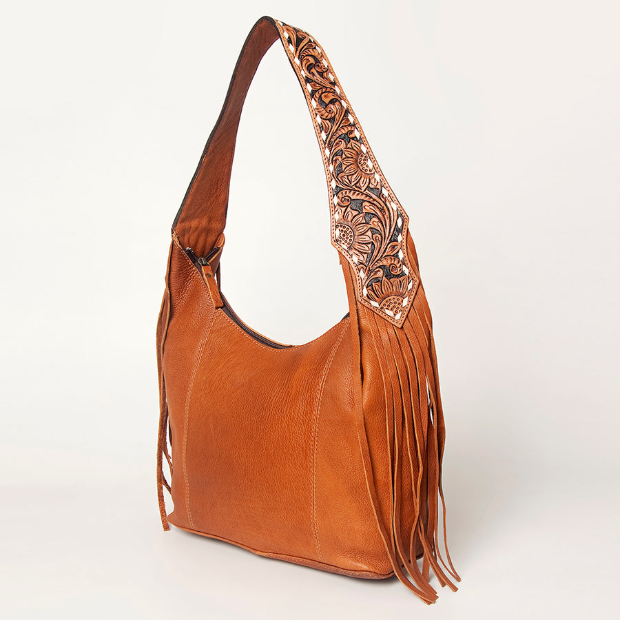 American Darling Genuine Leather Floral Carved Hand Tooled Fringe Hobo Bag - Uhorse