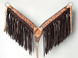 American Darling Tooled Leather Western Breast Collar – Hand-Carved Floral Design with Chocolate Brown Fringe