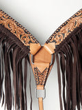 American Darling Tooled Leather Western Breast Collar – Hand-Carved Floral Design with Chocolate Brown Fringe