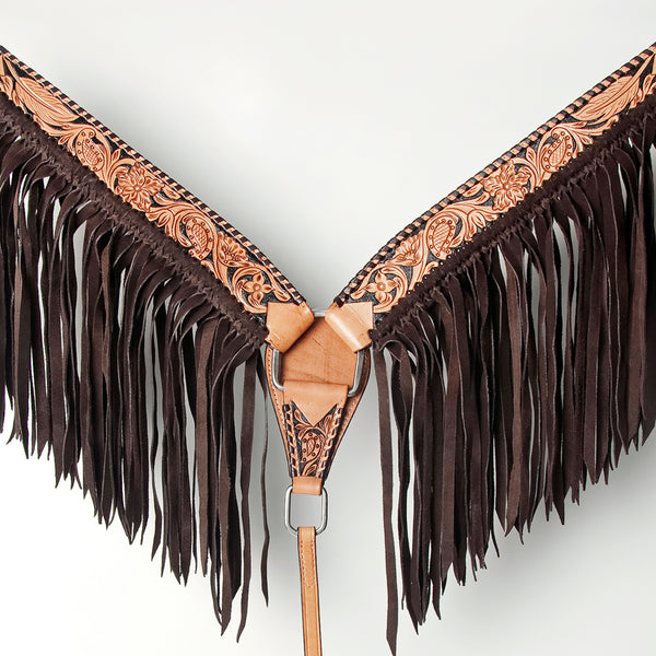 American Darling Tooled Leather Western Breast Collar - Hand-Carved Floral Design with Chocolate Brown Fringe - Uhorse