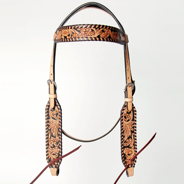 American Darling Western Leather Headstall Hand-Tooled Floral Carved with Buckstitch Border - Uhorse