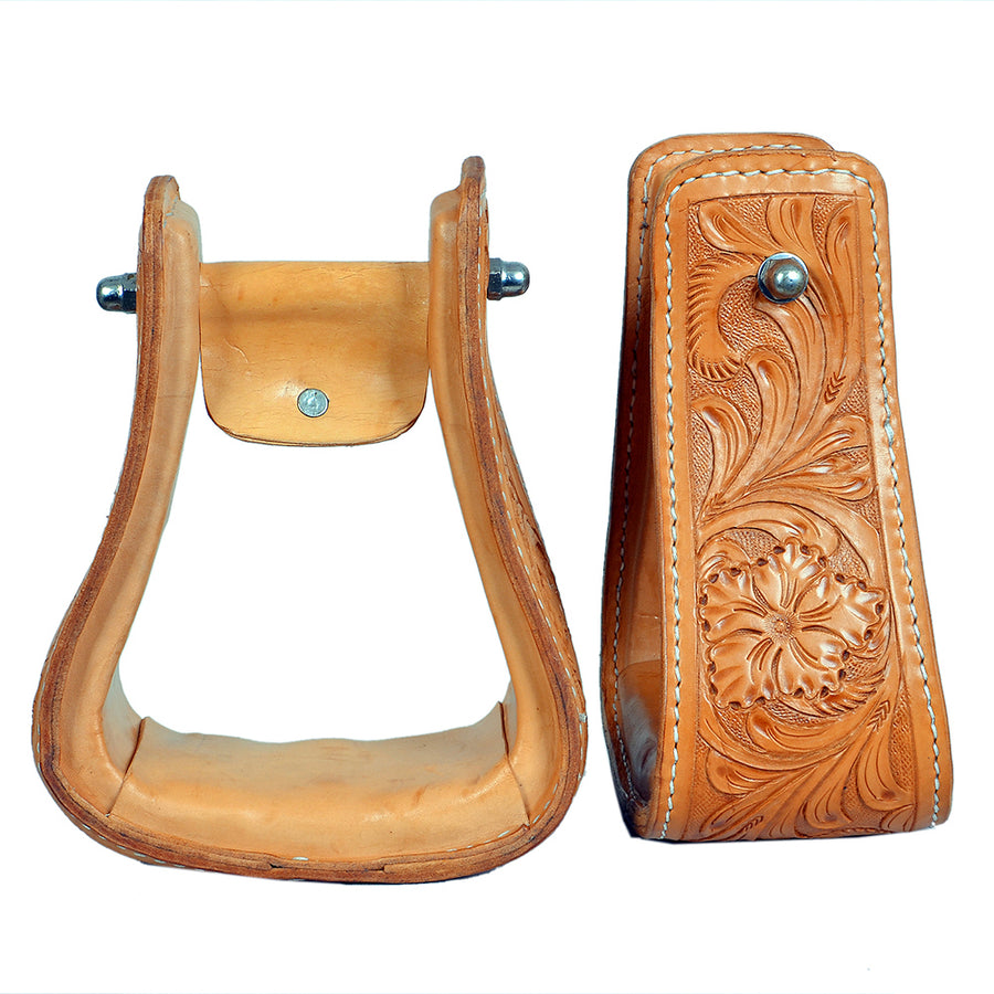 HILASON Horse Western Saddle Leather Floral Stirrups Pair | for Barrel Racing Horses
