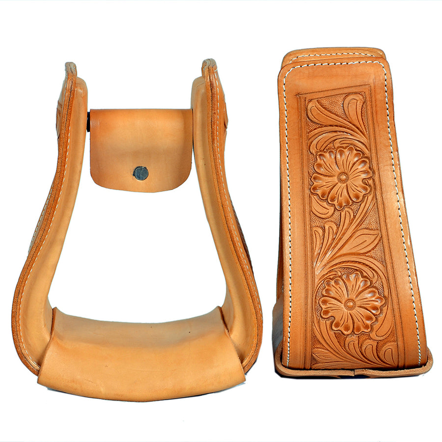 HILASON Horse Western Saddle Leather Floral Stirrups Pair | for Barrel Racing Horses