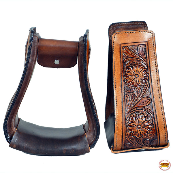 Hilason Hand Tooled Leather Western Stirrups Floral Carved Wood Core with Deep Cushion Tread - Uhorse