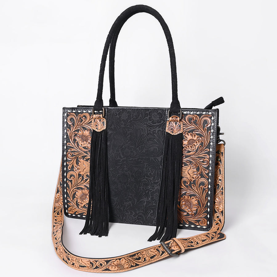 American Darling Western Hand-Tooled Floral Leather Tote Bag with Fringes - Uhorse