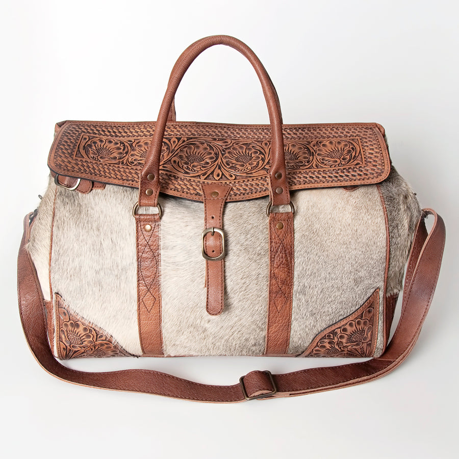 American Darling Duffel Bag Hand Tooled Floral Carved Hair-On Cowhide Genuine Vegetable Tanned Leather Travel Bag YKK Zipper