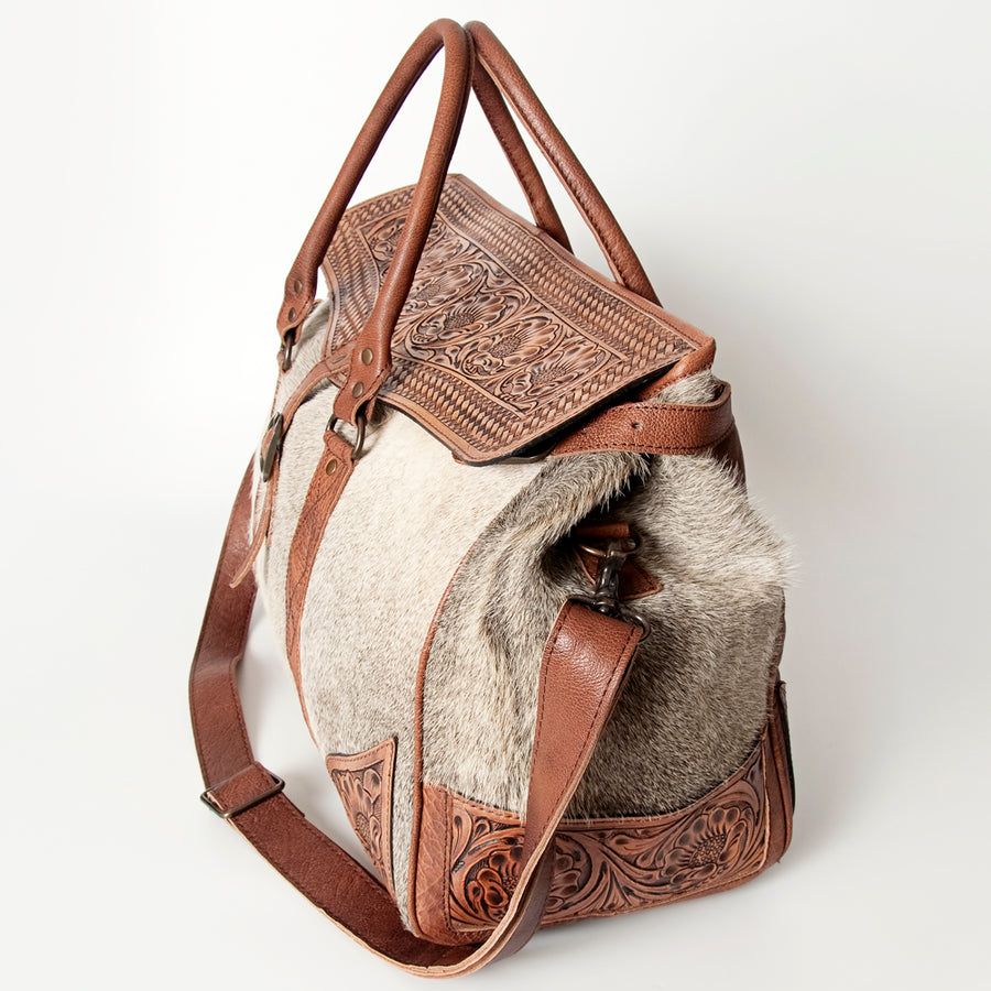 American Darling Duffel Bag Hand Tooled Floral Carved Hair-On Cowhide Genuine Vegetable Tanned Leather Travel Bag YKK Zipper