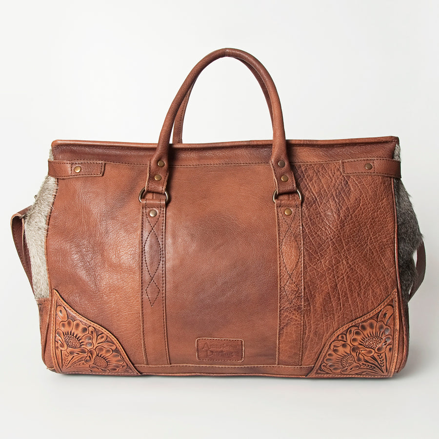 American Darling Duffel Bag Hand Tooled Floral Carved Hair-On Cowhide Genuine Vegetable Tanned Leather Travel Bag YKK Zipper
