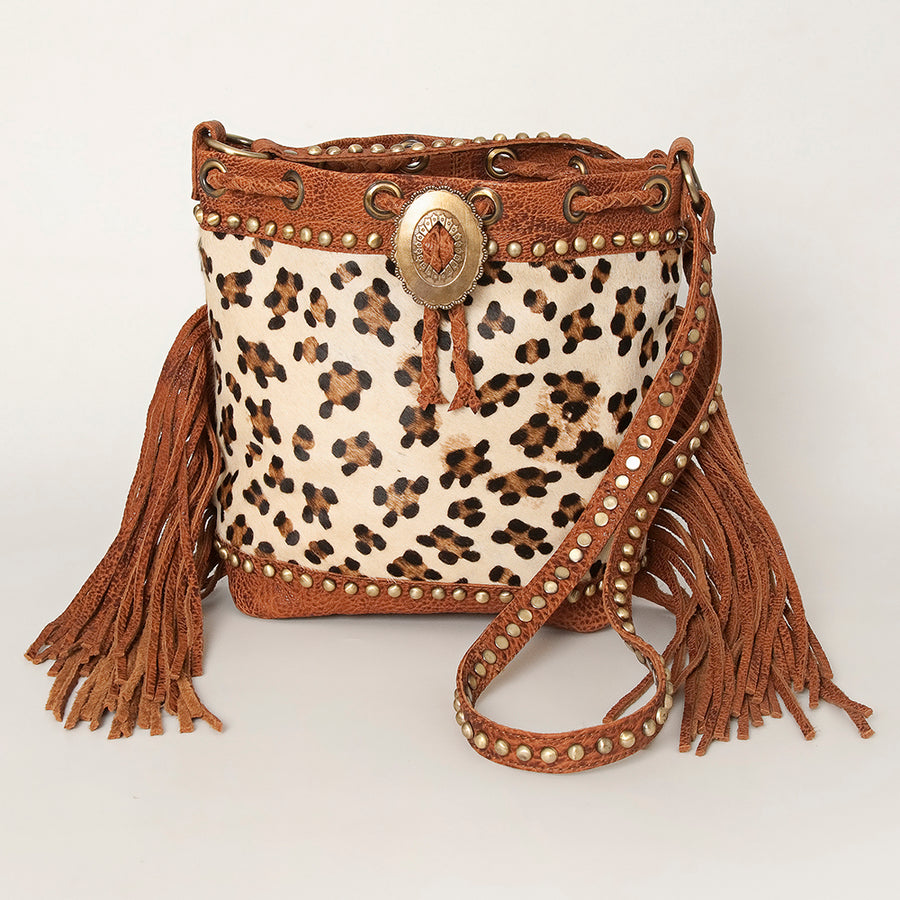 American Darling Bucket Bag Hair-On Cowhide Genuine Leather Fringes Riveted Drawstring Western Purse 11in X 13in X 5in