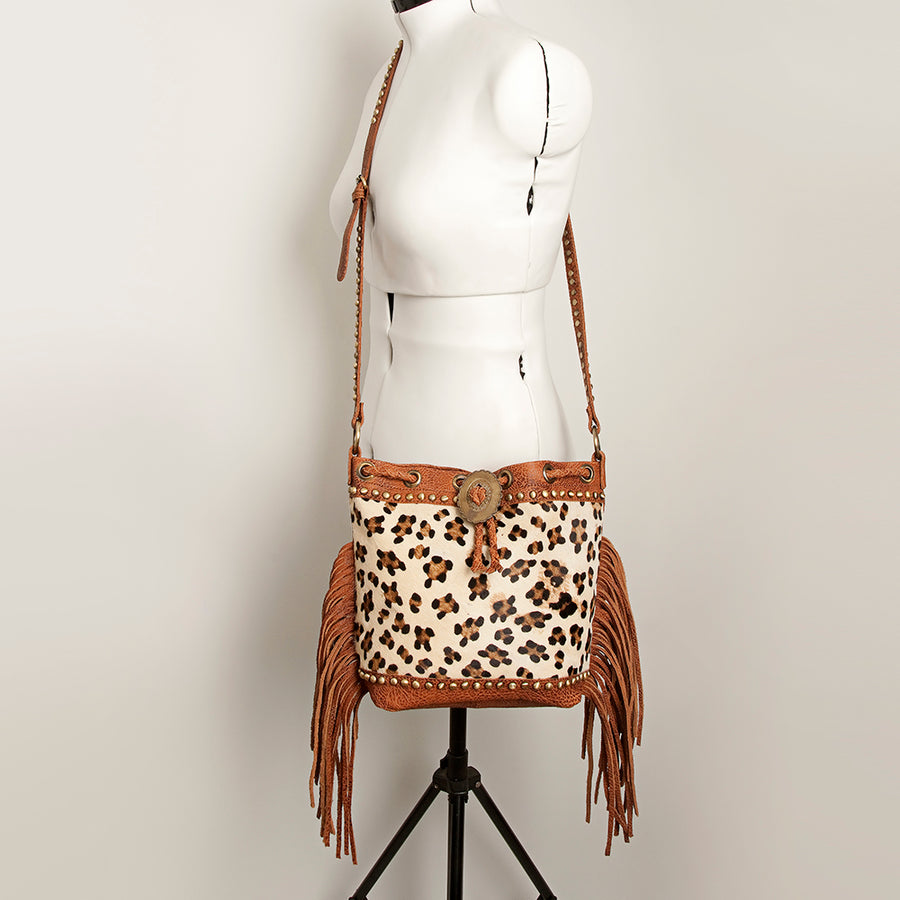 American Darling Bucket Bag Hair-On Cowhide Genuine Leather Fringes Riveted Drawstring Western Purse 11in X 13in X 5in