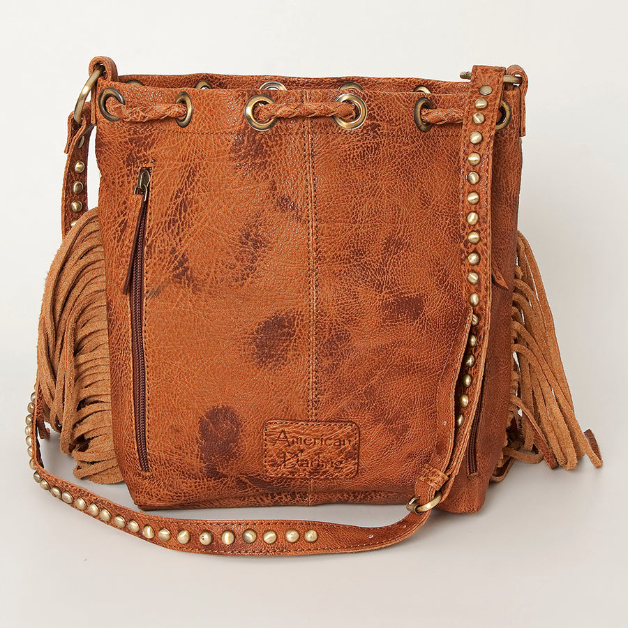 American Darling Bucket Bag Hair-On Cowhide Genuine Leather Fringes Riveted Drawstring Western Purse 11in X 13in X 5in