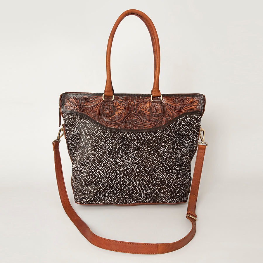 American Darling Tote Bag Hand Tooled Floral Carved Hair-On Cowhide Genuine Vegetable Tanned Leather 14in X 14in X 6in