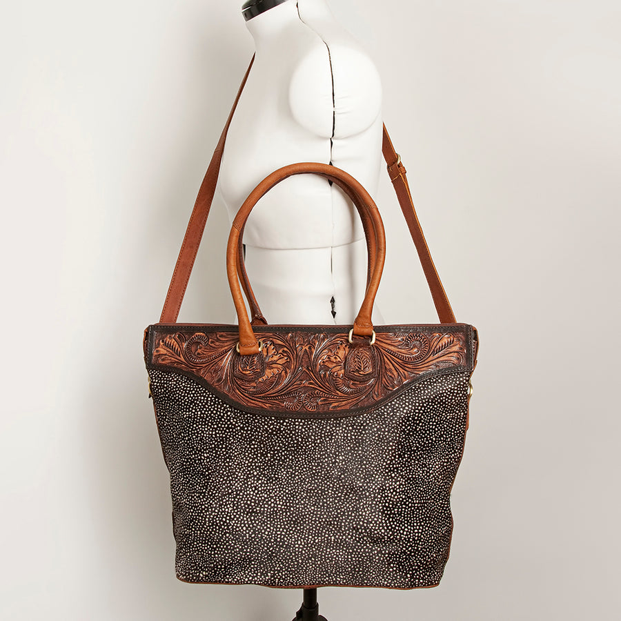American Darling Tote Bag Hand Tooled Floral Carved Hair-On Cowhide Genuine Vegetable Tanned Leather 14in X 14in X 6in