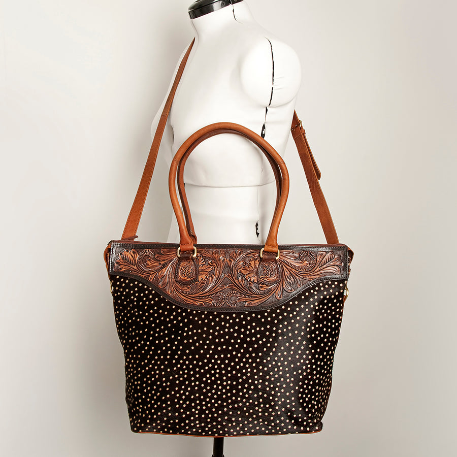 American Darling Tote Bag Hand Tooled Floral Carved Hair-On Cowhide Genuine Vegetable Tanned Leather 14in X 14in X 6in