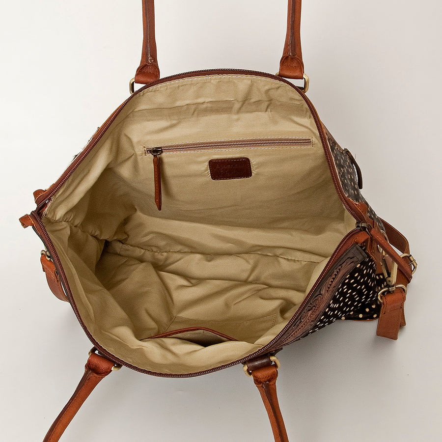 American Darling Tote Bag Hand Tooled Floral Carved Hair-On Cowhide Genuine Vegetable Tanned Leather 14in X 14in X 6in