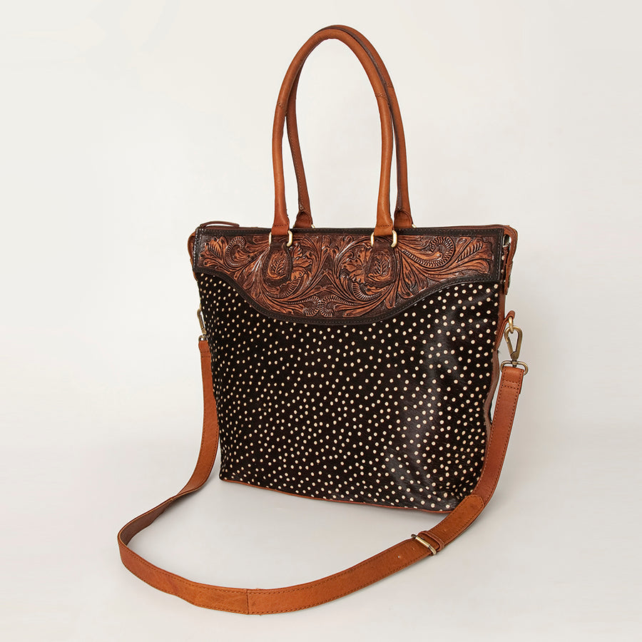 American Darling Hand Tooled Floral Leather Tote Bag with Hair-On Cowhide Accent - Uhorse