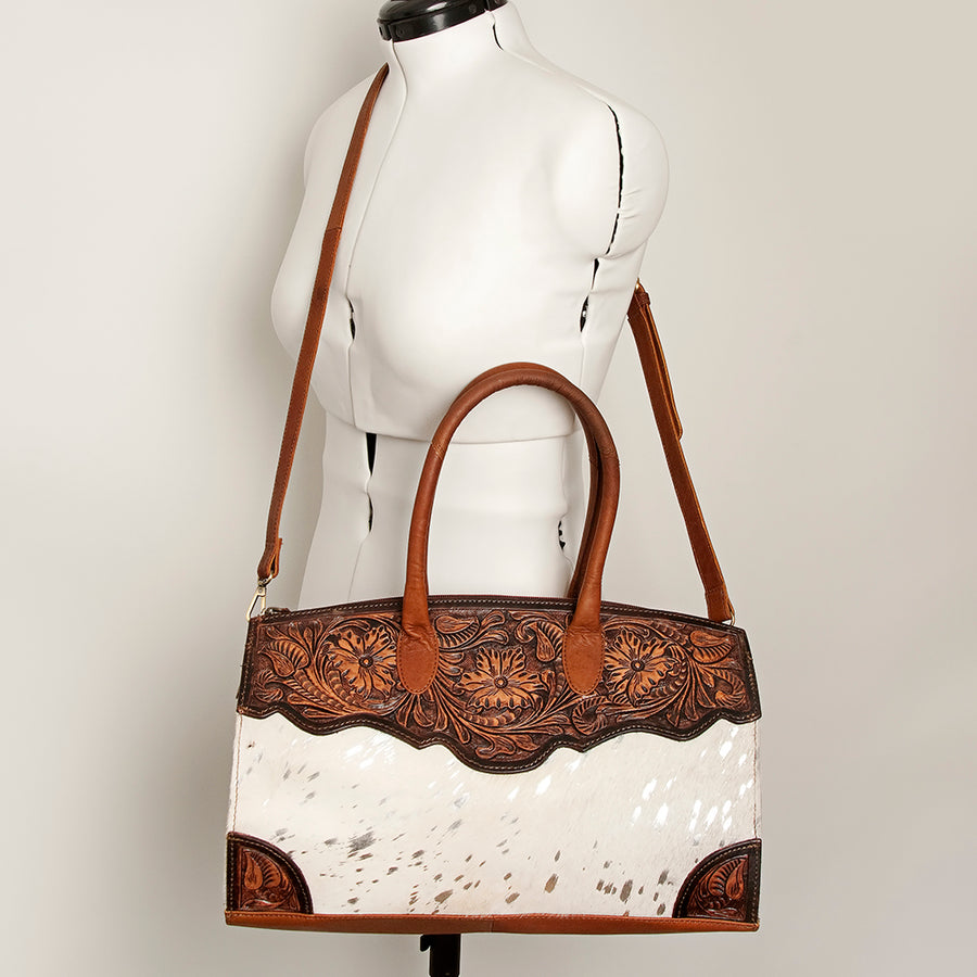 American Darling Hobo Bag Hand Tooled Floral Carved Hair-On Cowhide Genuine Vegetable Tanned Leather 9in X 14in X 4in