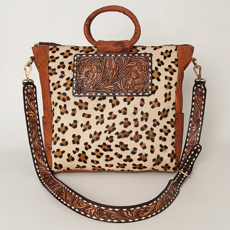 American Darling Hand-Tooled Leather Tote Bag, Hair-On Cowhide Western Purse, Buck Stitched, 14in (H) X 13.25in (W) X 4.25in (D)