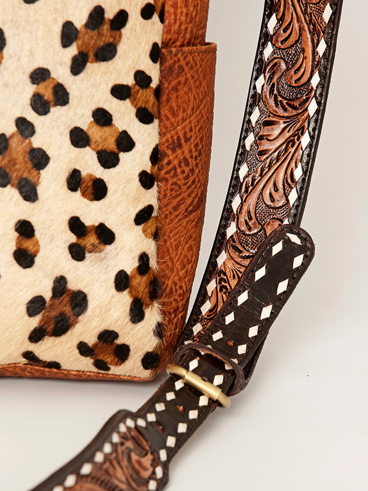 American Darling Hand-Tooled Leather Tote Bag, Hair-On Cowhide Western Purse, Buck Stitched, 14in (H) X 13.25in (W) X 4.25in (D)