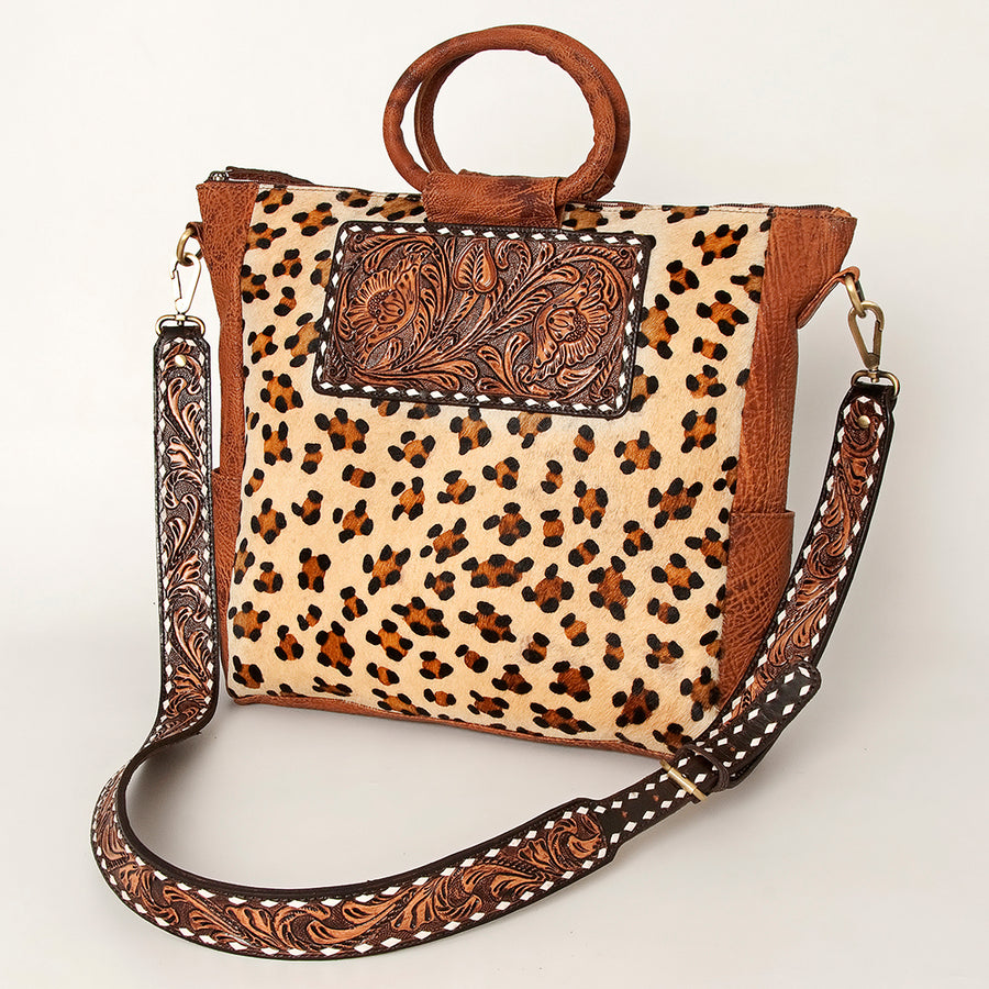 American Darling Western Hand-Tooled Floral Cowhide Tote Bag - Buck Stitched Leather - Uhorse