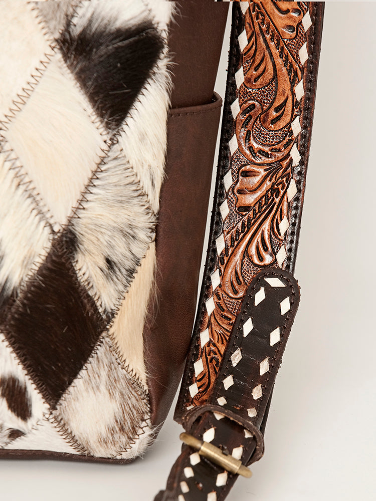 American Darling Hand-Tooled Leather Tote Bag, Hair-On Cowhide Western Purse, Buck Stitched, 14in (H) X 13.25in (W) X 4.25in (D)