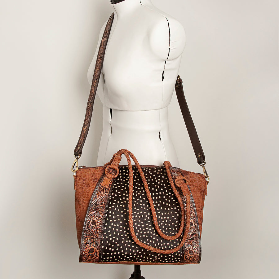 American Darling Hair-On Cowhide Tote Bag, Hand-Tooled Floral Western Leather Purse, Buck Stitched, 10in (H) X 13.5in (W) X 4in (D)