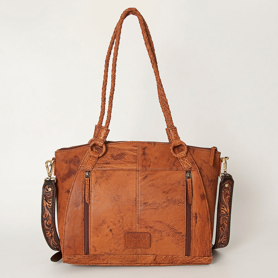 American Darling Hair-On Cowhide Tote Bag, Hand-Tooled Floral Western Leather Purse, Buck Stitched, 10in (H) X 13.5in (W) X 4in (D)