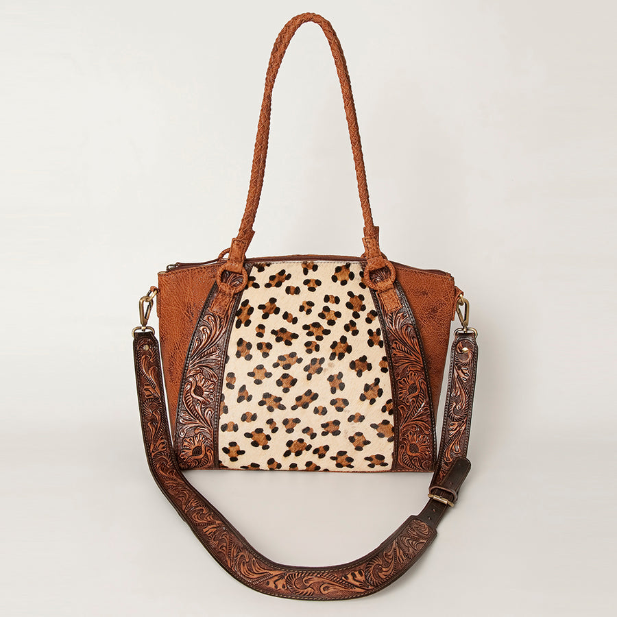 American Darling Hair-On Cowhide Tote Bag, Hand-Tooled Floral Western Leather Purse, Buck Stitched, 10in (H) X 13.5in (W) X 4in (D)
