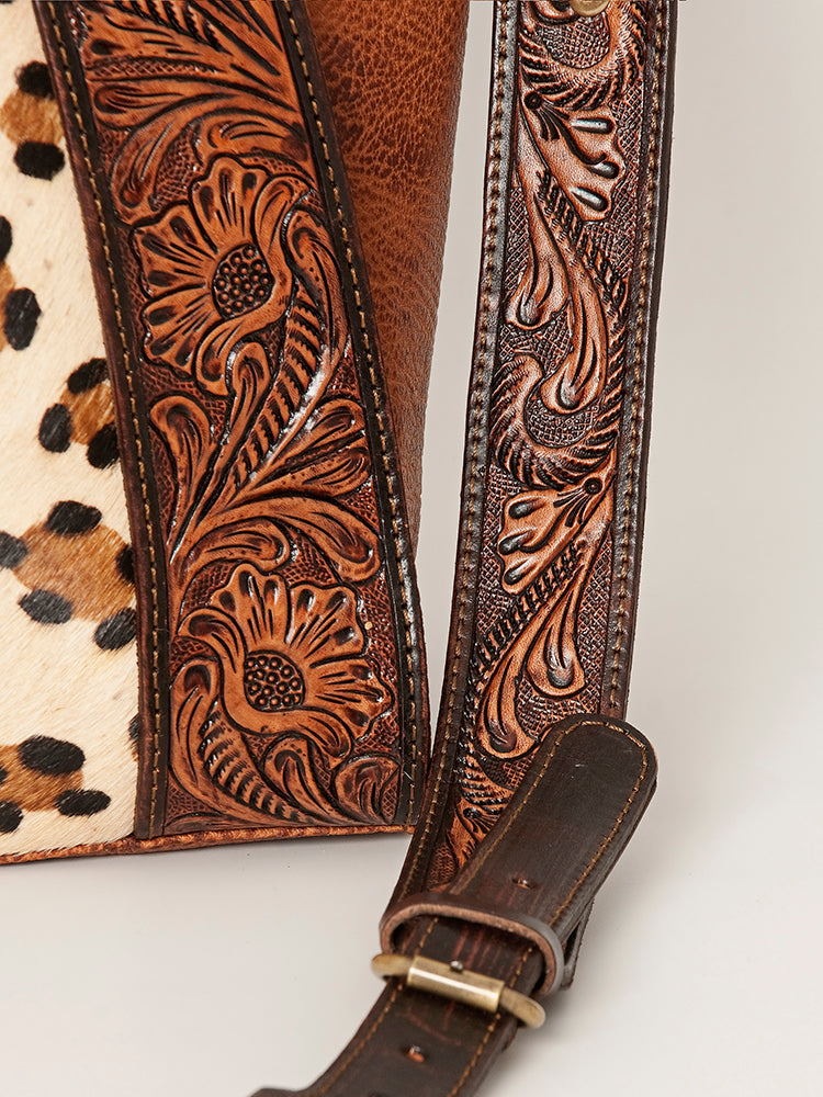 American Darling Hair-On Cowhide Tote Bag, Hand-Tooled Floral Western Leather Purse, Buck Stitched, 10in (H) X 13.5in (W) X 4in (D)