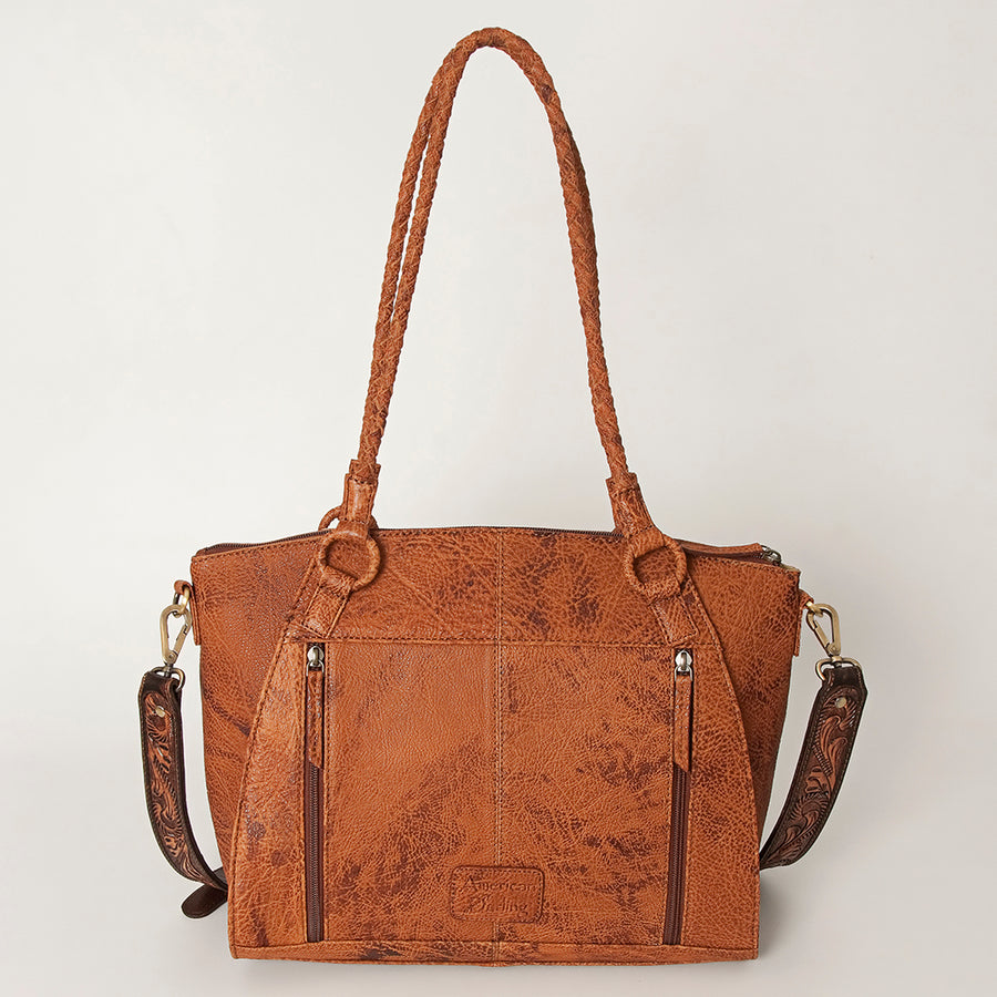 American Darling Hair-On Cowhide Tote Bag, Hand-Tooled Floral Western Leather Purse, Buck Stitched, 10in (H) X 13.5in (W) X 4in (D)