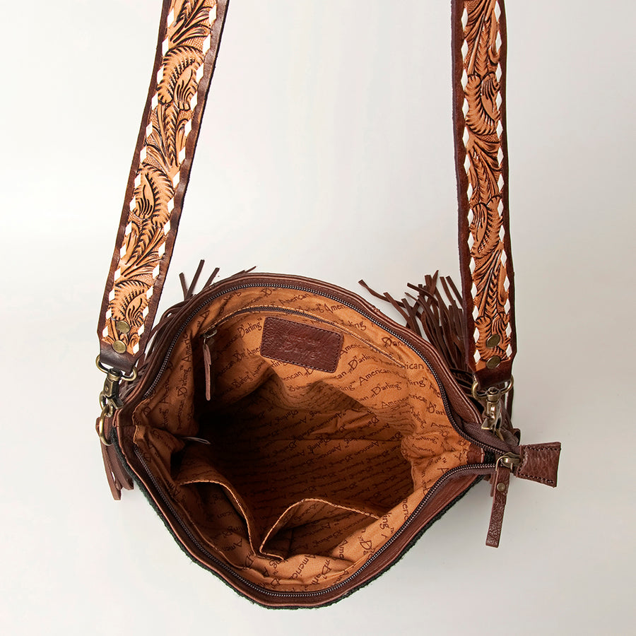 American Darling Hand Tooled Genuine Leather Large Cross body Bag Women's Saddle Blanket Purse with Fringes & YKK Zipper