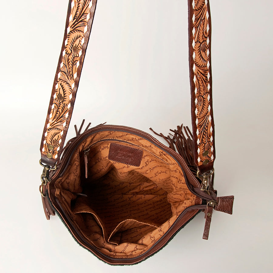 American Darling Hand Tooled Genuine Leather Large Cross body Bag Women's Saddle Blanket Purse with Fringes & YKK Zipper