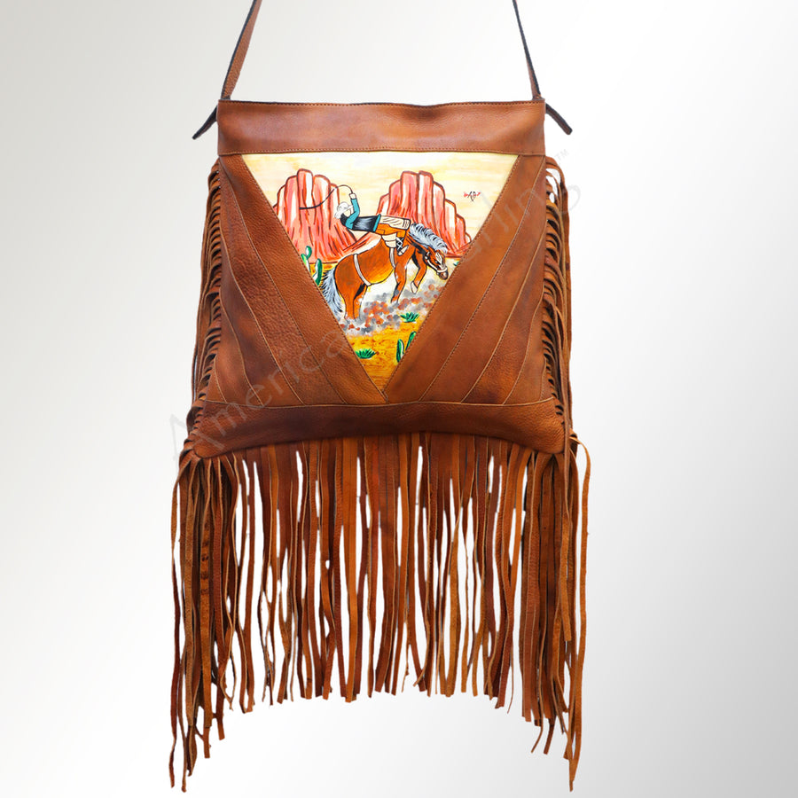 American Darling Large Cross body Bag, Hand Painted Western Scene, Fringed Vegetable Tanned Leather, 39in X 38in X 10in