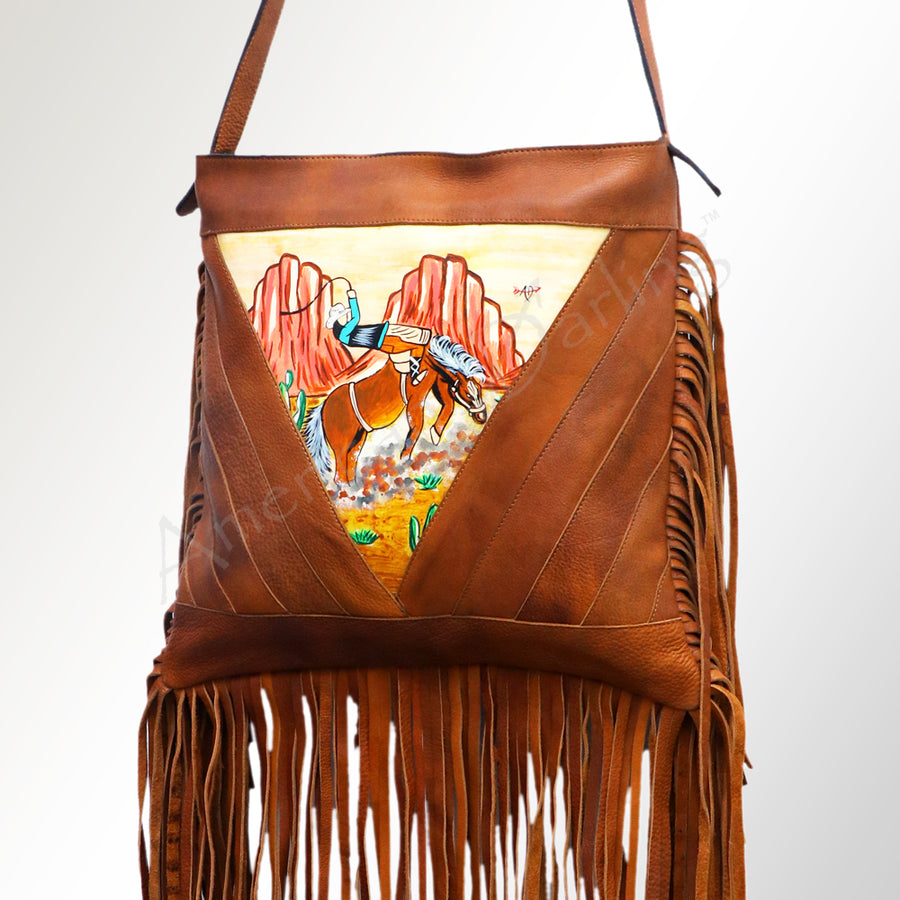 Brown leather fringe shoulder bag with western artwork panel - Uhorse