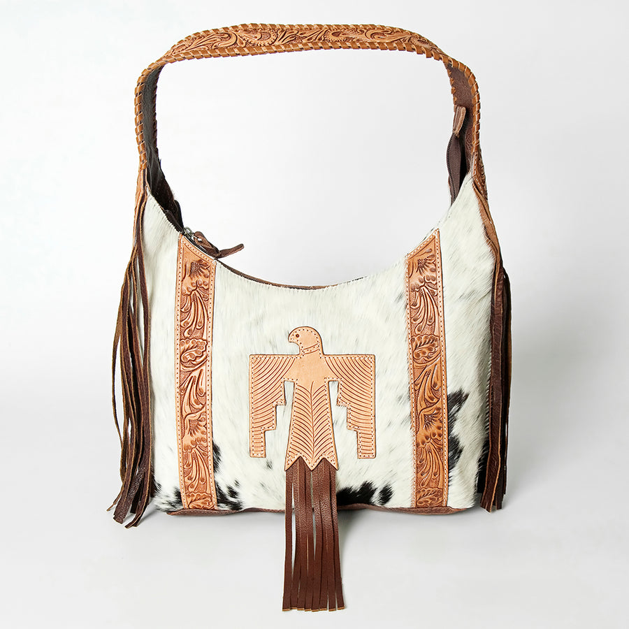 American Darling Hobo Bag for Women, Hand Tooled Floral Leather & Hair-On Cowhide Western Purse with Fringes & YKK Zipper