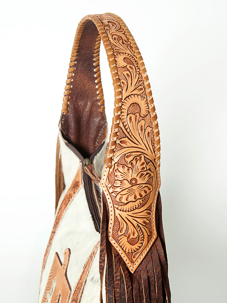 American Darling Hobo Bag for Women, Hand Tooled Floral Leather & Hair-On Cowhide Western Purse with Fringes & YKK Zipper